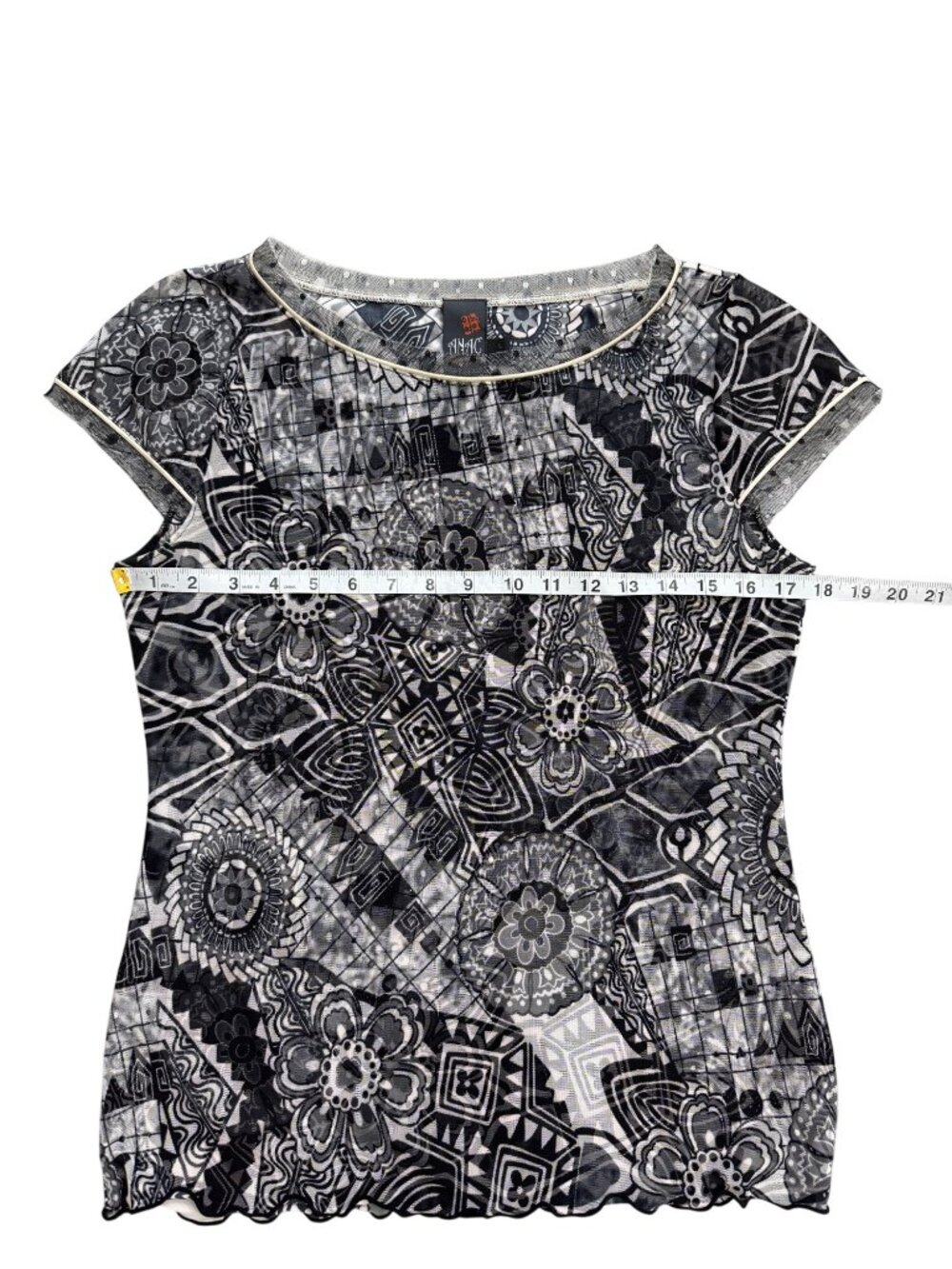 Anac by Kimi Womens Size L Top Mesh Y2K Black Gray Abstract Cap Sleeve Artsy - Picture 5 of 7